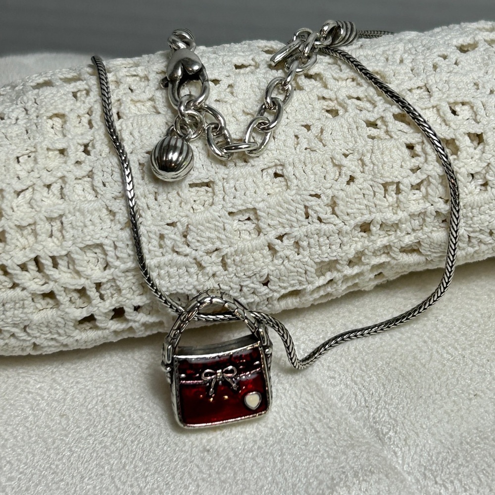 Brighton Red Purse Charm Necklace Silver Plated Enamel 16" Adjustable - Picture 10 of 10